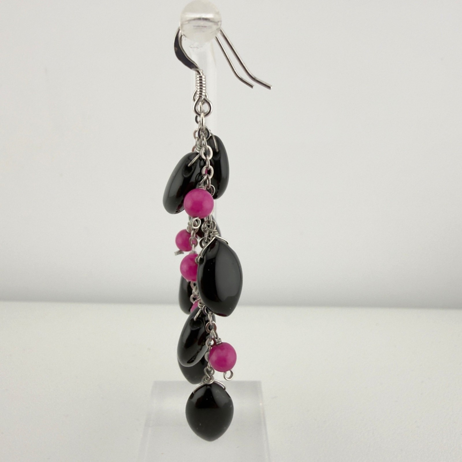 Sterling Silver Long Beaded Dangle Earrings Black Pink 2.5″