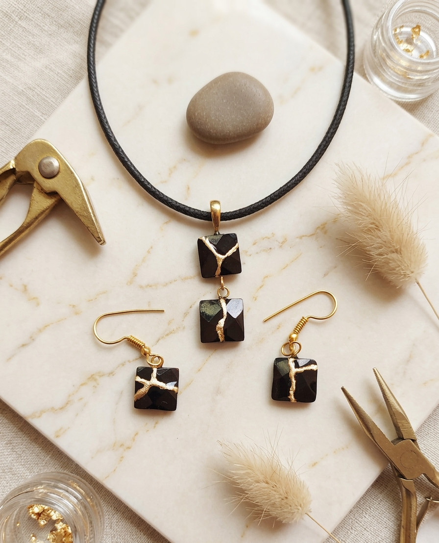 Pendant Repair Japanese Art Kintsugi Black Onyx Earrings Pair Wabi Sabi Jewelry