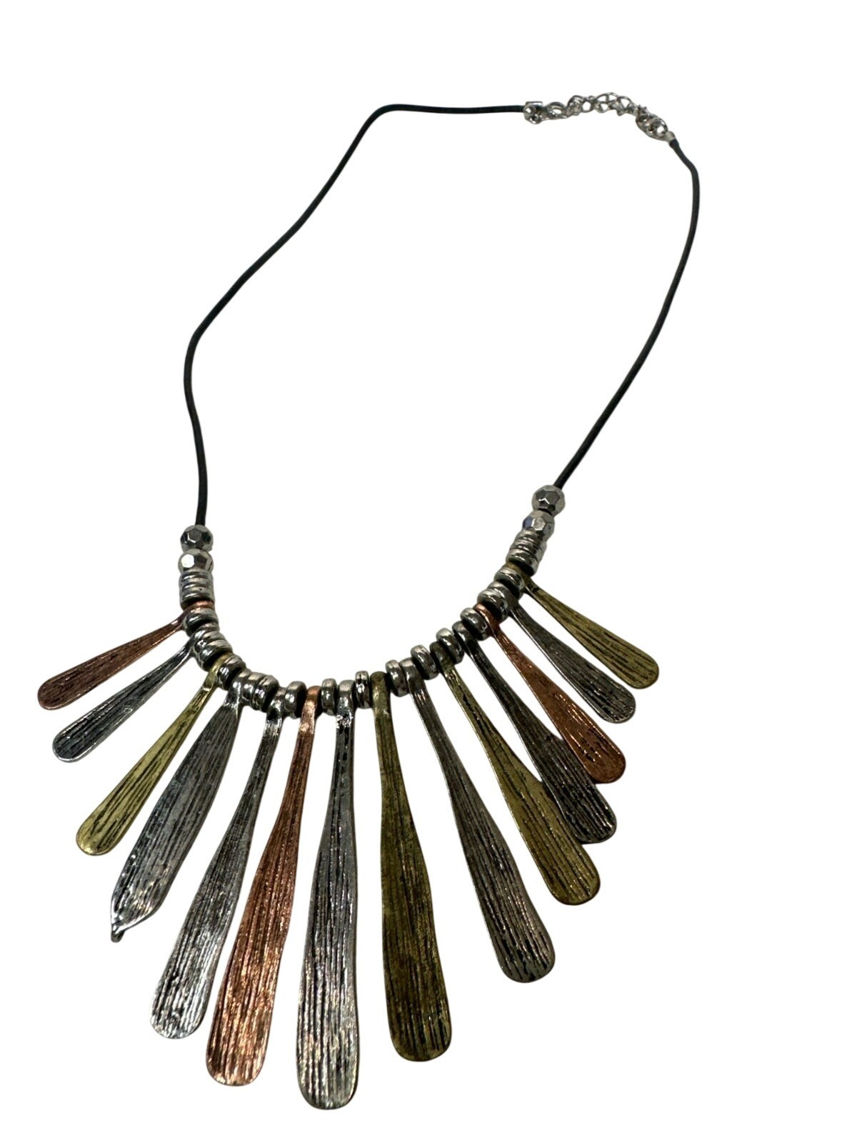 Tri-Tone Metal Pendant Necklace With Adjustable Black Cord Boho Tribal