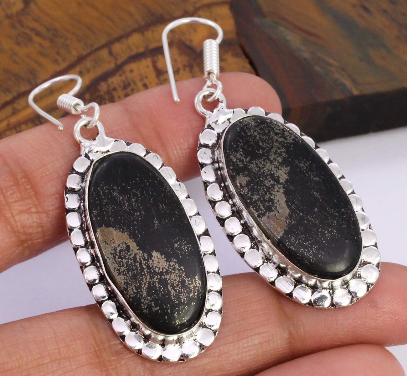 Golden Pyrite 925 Silver Plated Handmade Earrings of 1.9″