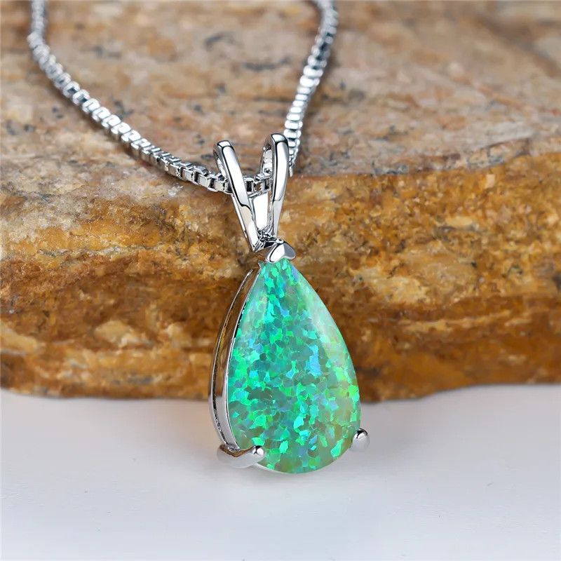 Boho Female Small Blue Green Opal Water Drop Pendant Necklace Silver Color Weddi