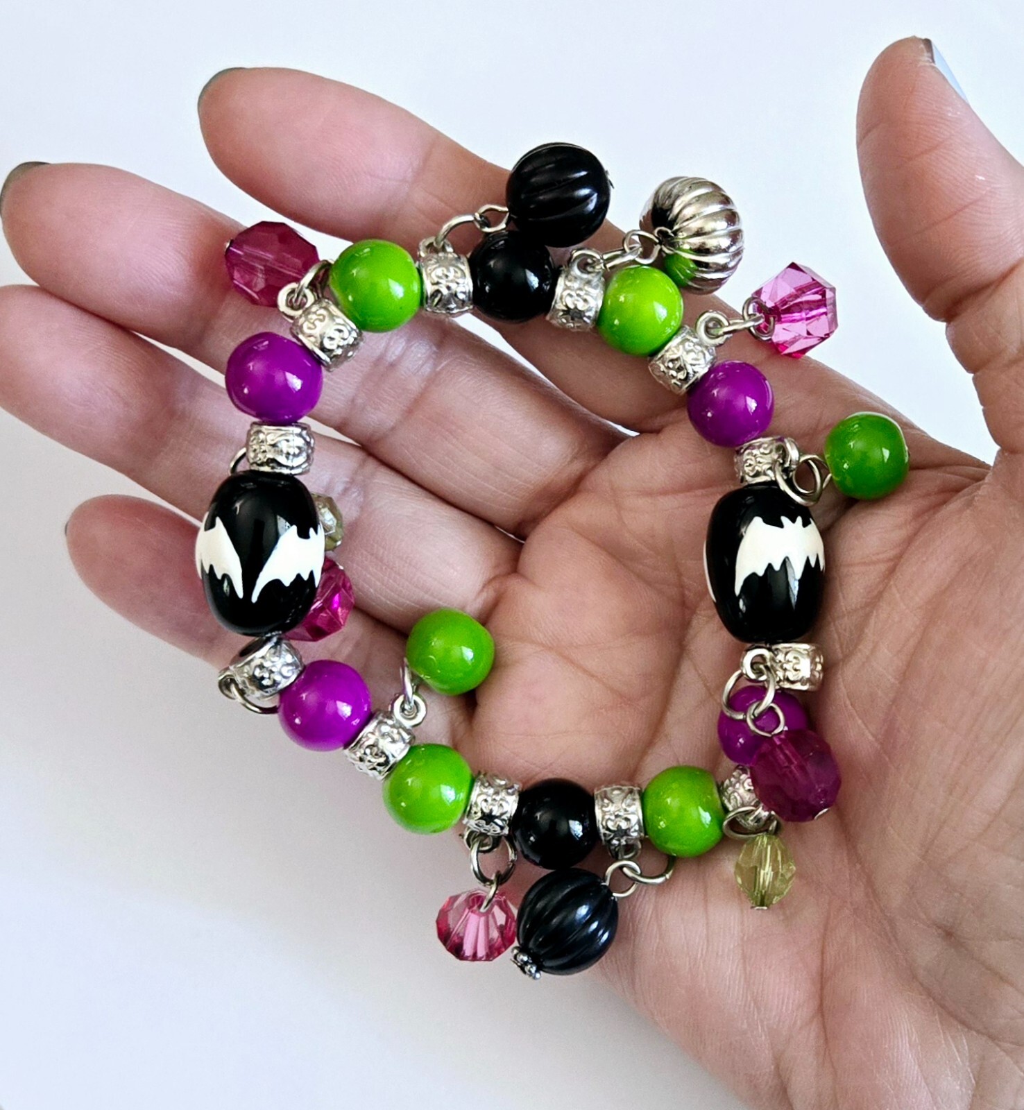 Halloween Bracelet Glass Beaded Stretch Bracelet Ghost Spooky Cat Bat Spooky 5