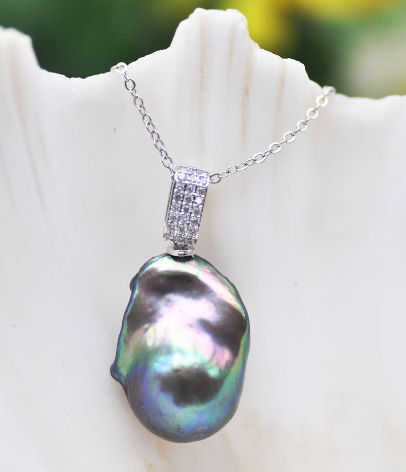 Slick 26mm Peacock-Black Baroque Reborn Keshi Pearl Pendant CZ