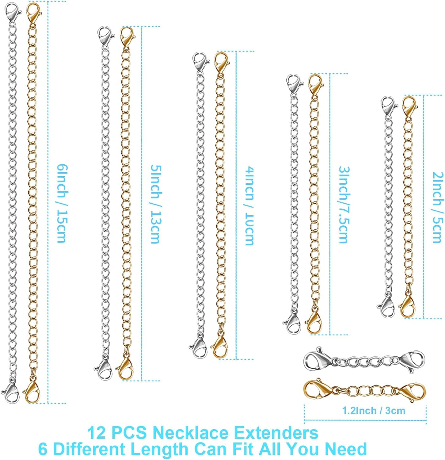 12 Pcs Extender /Safety Chain Extender Necklace Bracelet Lobster lock 1″ To 6″