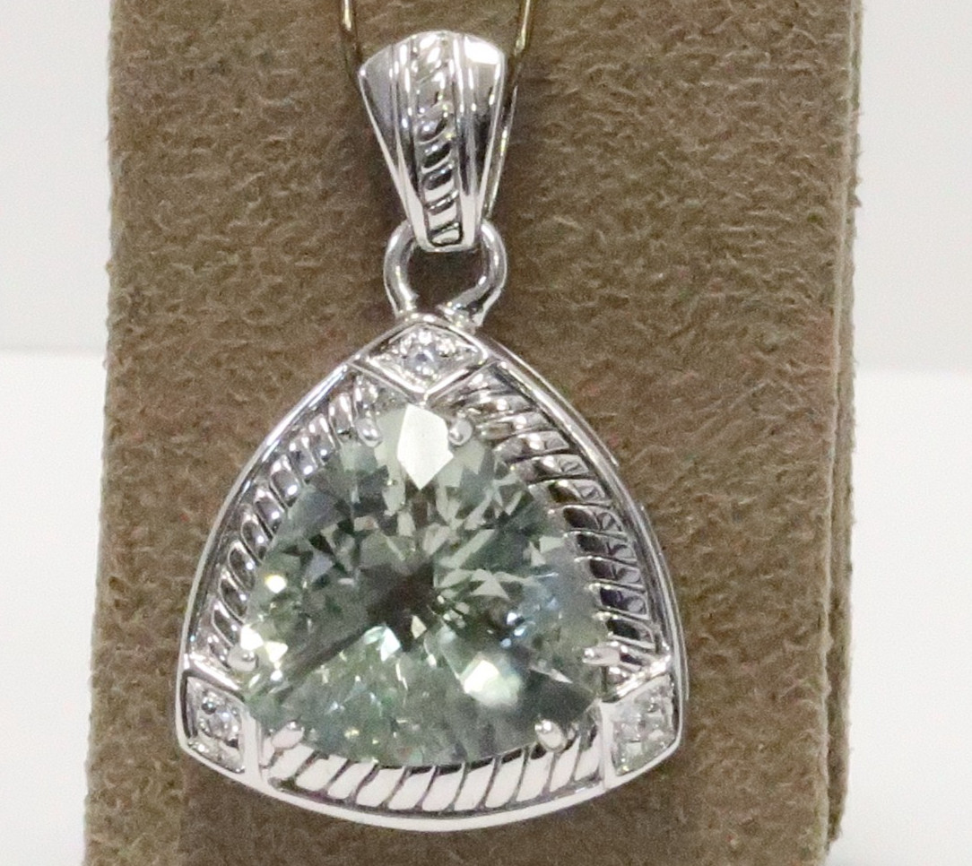 STERLING SILVER TRILLION CUT GREEN QUARTZ & WHITE SAPPHIRE PENDANT 1-3/8″