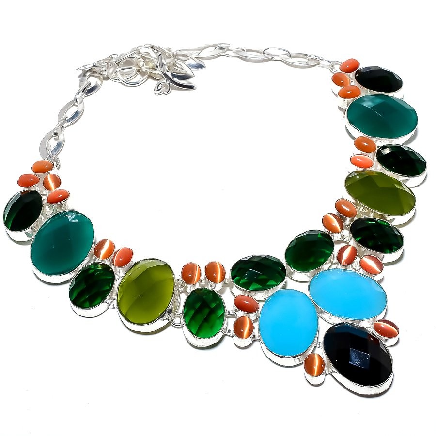 Multi & Cat’S Eye Gemstone 925 Silver Plated Necklace 16-18″ T274