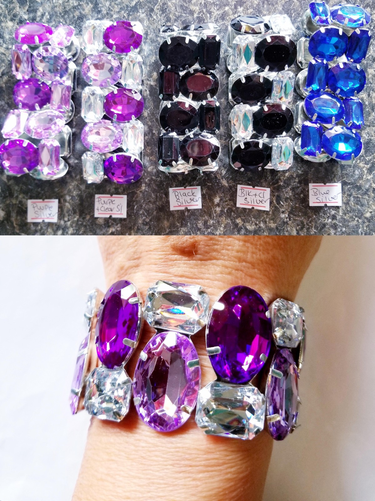 Rhinestone Acrylic Stretch Bracelet Many Colors, Prom Stage Wedding or Pageant
