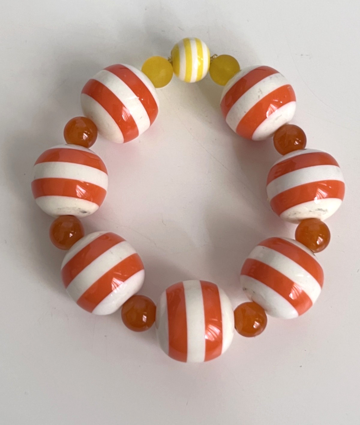 Orange and White Striped Acrylic & Glass Ball Stretch Bracelet