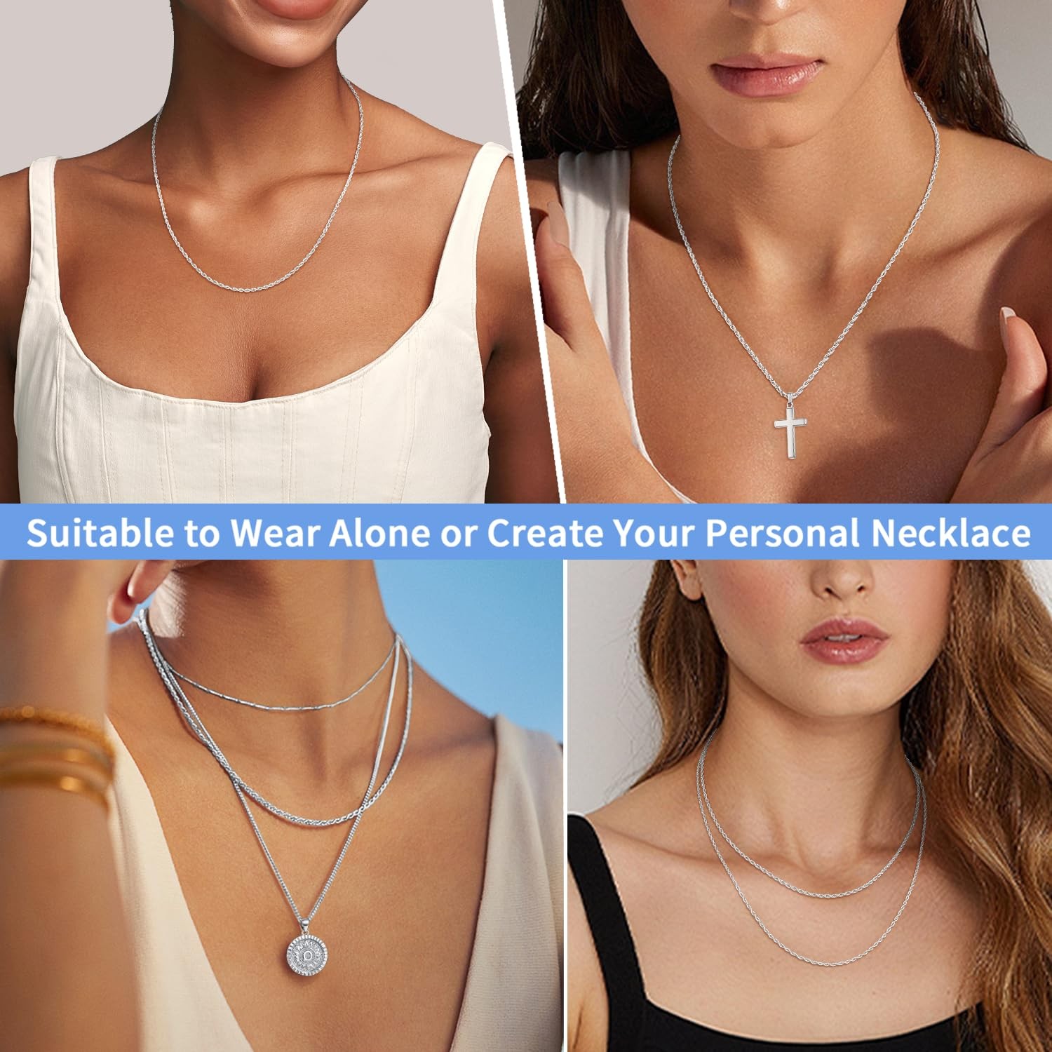 Jewlpire 925 Sterling Silver Chain Necklace For Women 1.5Mm Rope Chains Silver