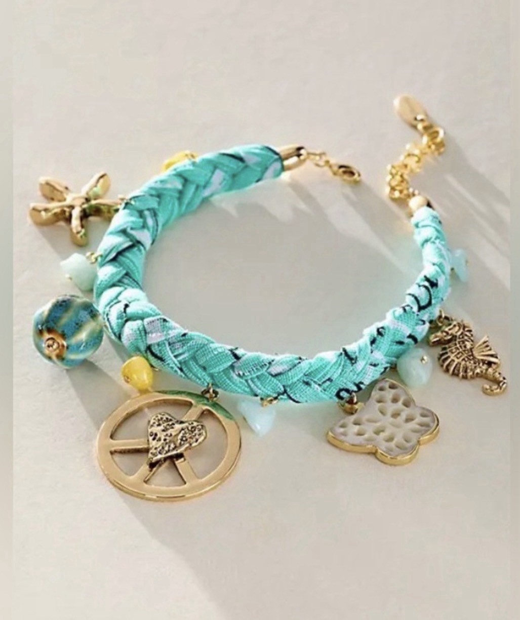 Free People Sky Charm Anklet Bracelet Turquoise Twisted Bandana Peace Adjust NWT