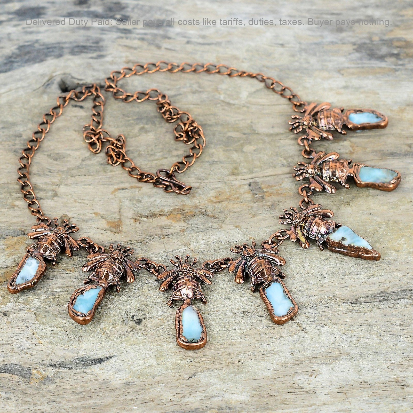 Natural Larimar Rough Wedding Electroformed And Honey Bee Chain Necklace Copper