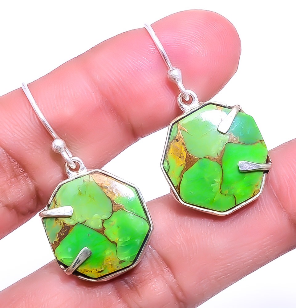 Copper Green Turquoise – Arizona Gemstone 925 Sterling Silver Earring 1.17″ A370