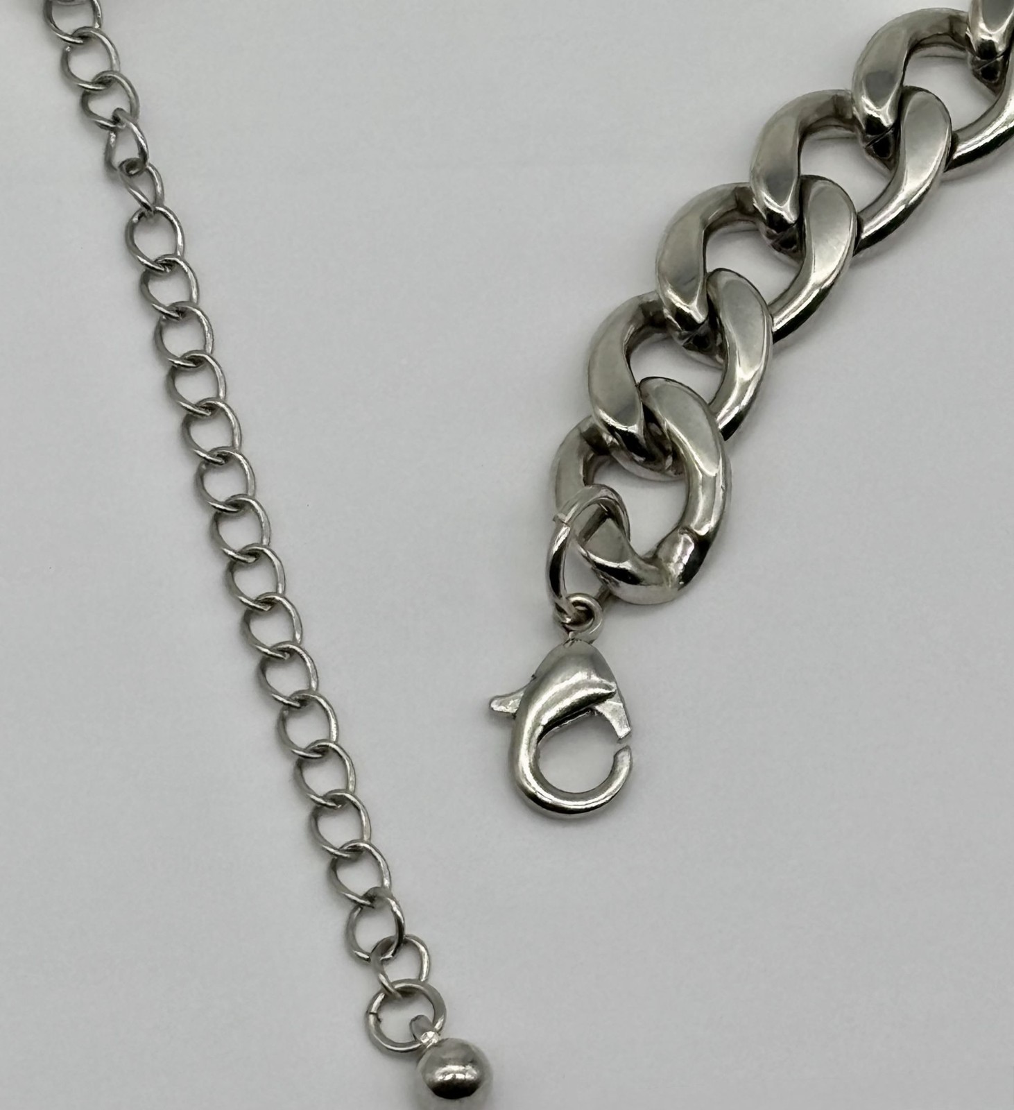Chunky Silver-Tone Cuban Link Chain Necklace W/Faux Safety Pin Accent Adjustable
