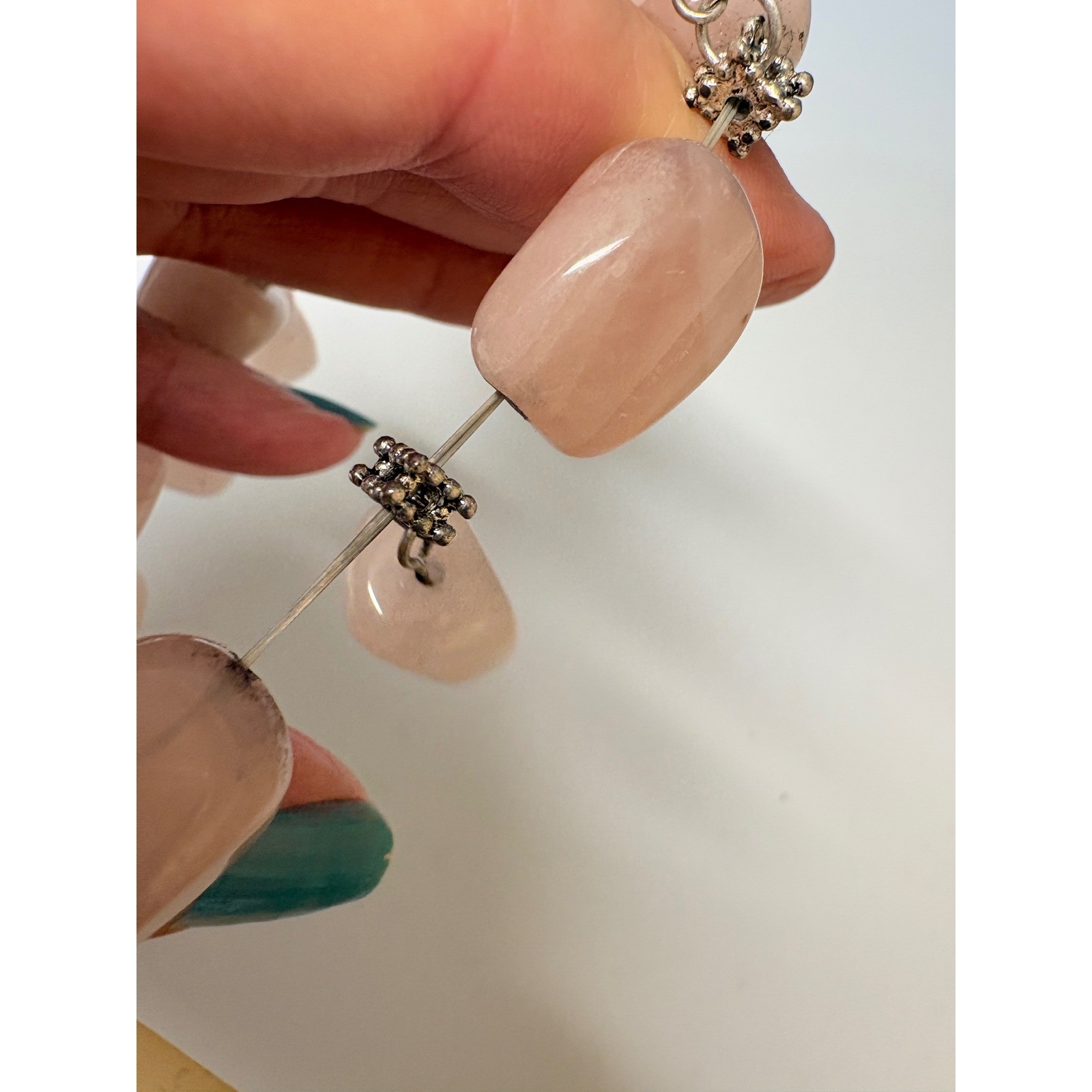 Rose Quartz Chunky Stretch Bracelet Tumbled Stone Dangle Charms Pink Boho 7.75″