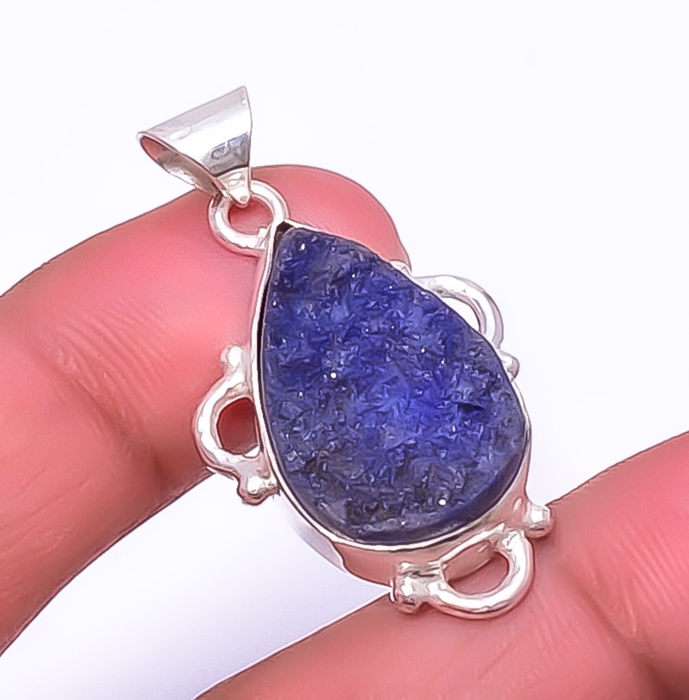 Natural Blue Quartz Drusy Gemstone 925 Silver Plated Pendant 1.56″ F2570