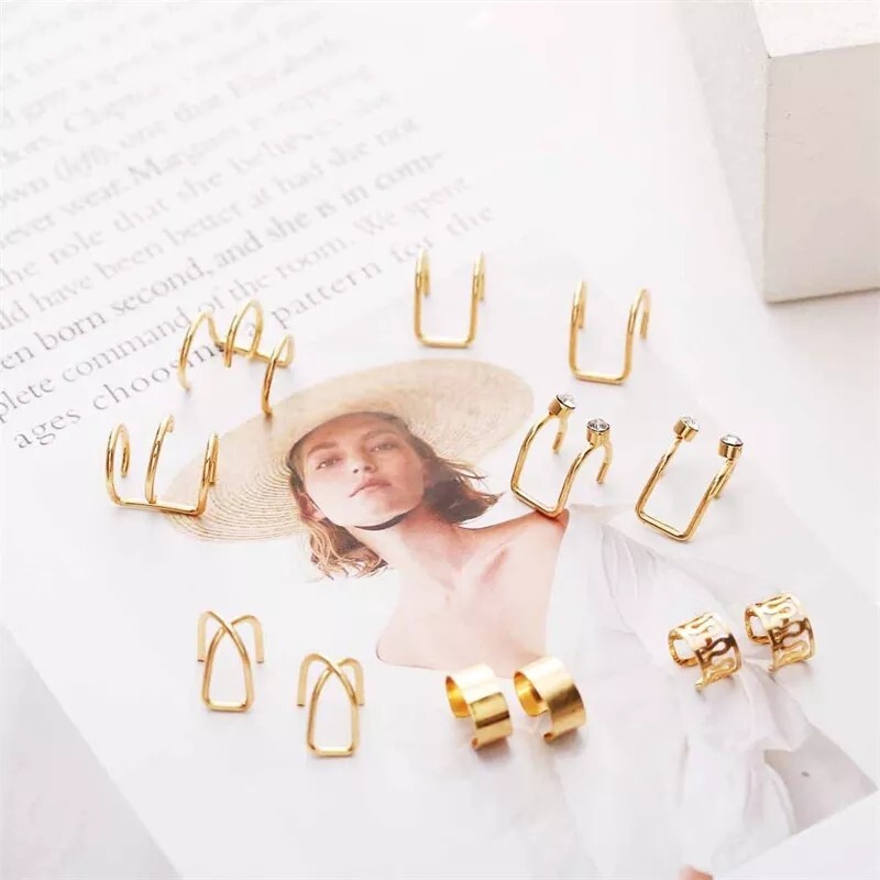 12 pcs/set Ear Cuff Women Cartilage Earrings Non-Piercing Ear Clips Crystal Clip