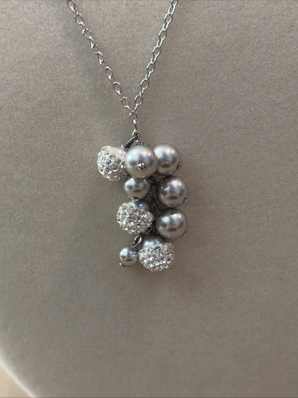 Authentic Swarovski Pave Crystal & Gray Pearl Cluster Pendant Necklace NIB $95