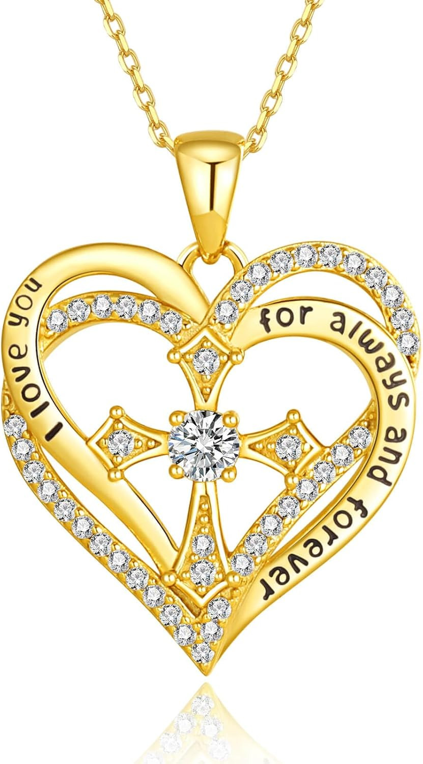 Gold Plated Heart Cross Cat Necklace for Women Cz Diamond Cat Cross Heart Neckla