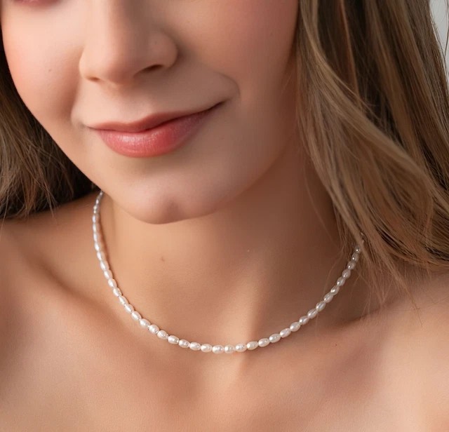 Freshwater Rice Pearl Tiny Beaded Dainty Choker Necklace June Birthstone Gifts