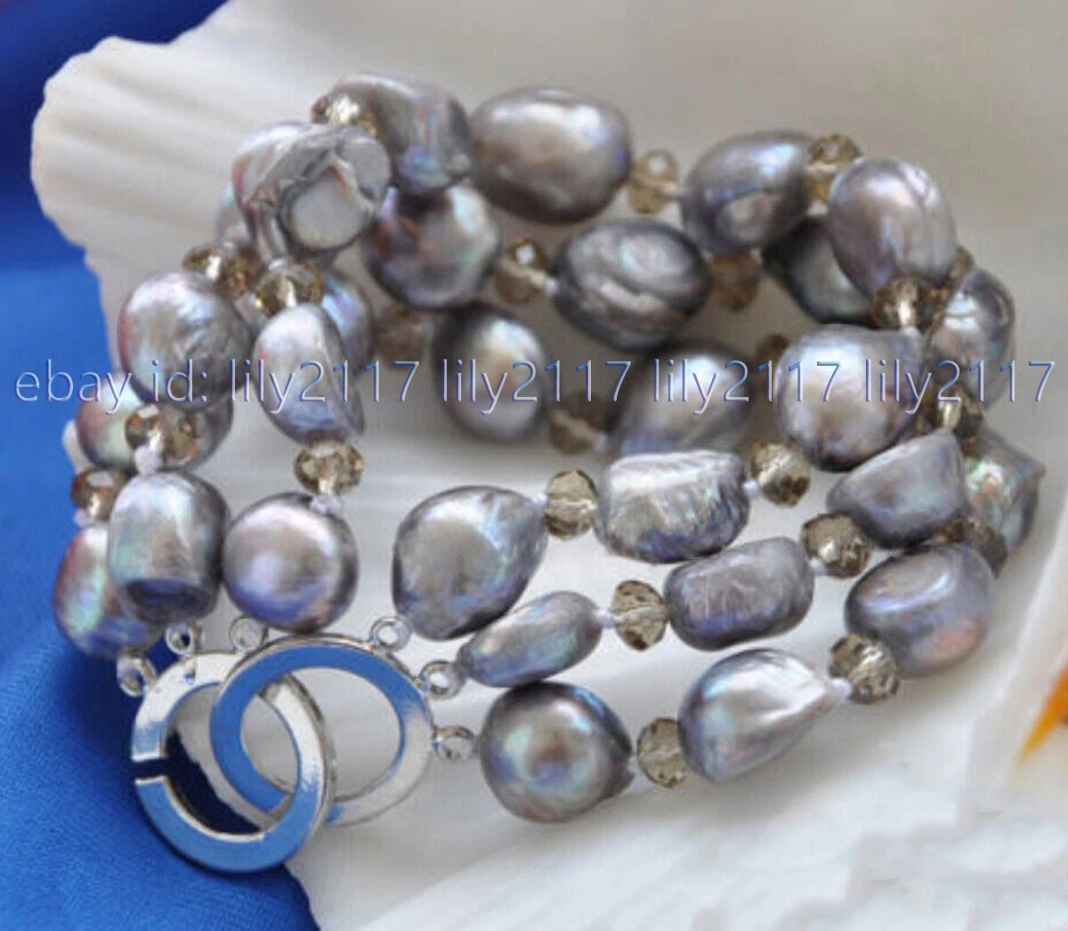 3 Rows 11-13mm gray baroque freshwater cultured pearl crystal bracelet 7.5”