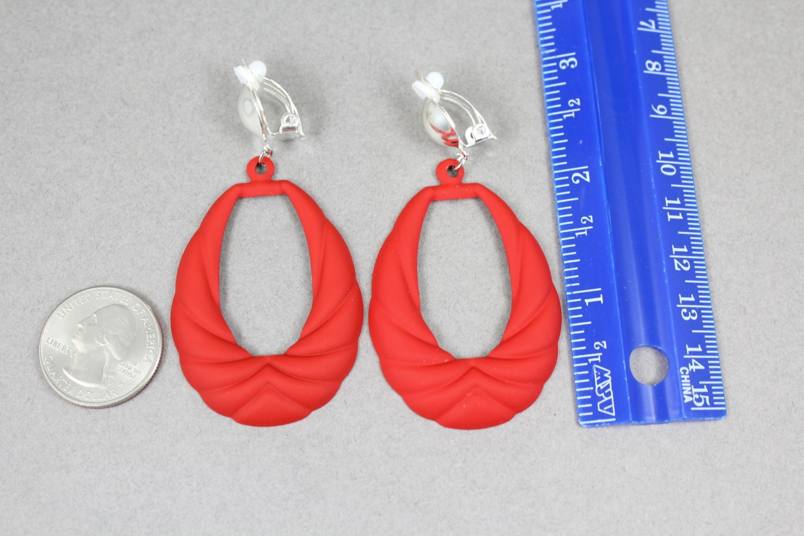 Red oval teardrop Clip On earrings pendant clips 2.75″ long lightweight