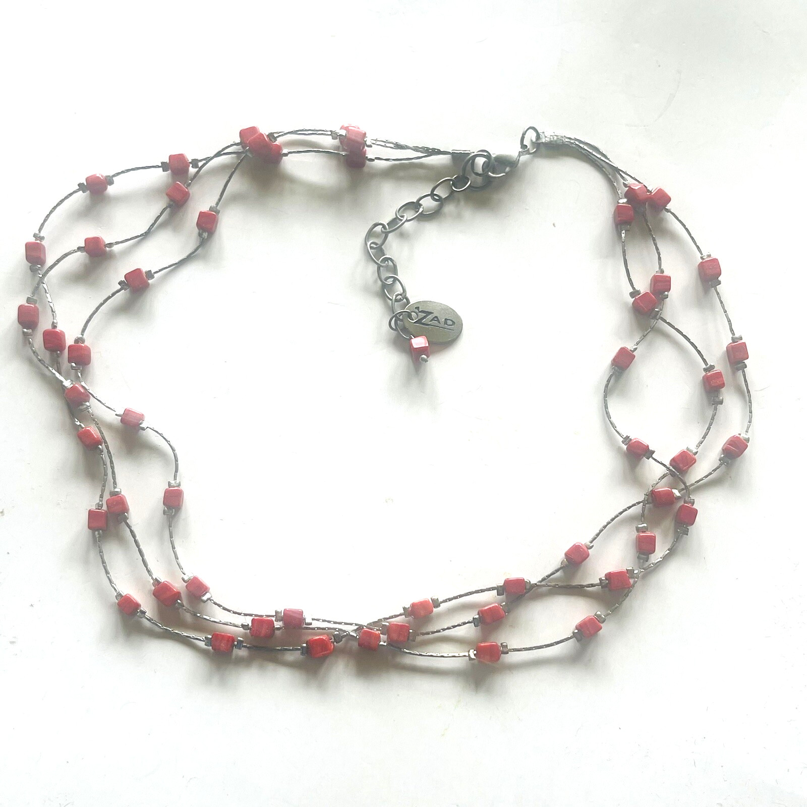 ZAD Beaded Multi Strand Red Stone Silver Tone 16″ Necklace 2.5″ Extension