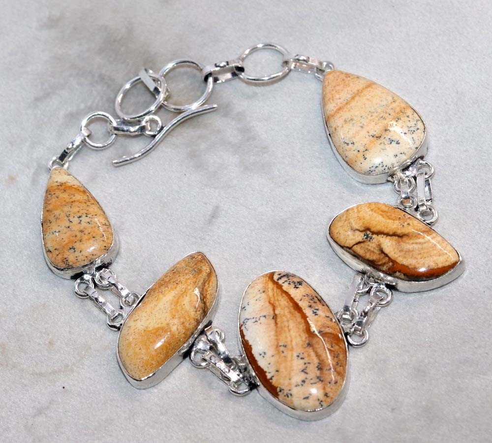 925 Silver Plated Picture Jasper Bracelet 9″ Daily Wear Gift Most Beautiful GW