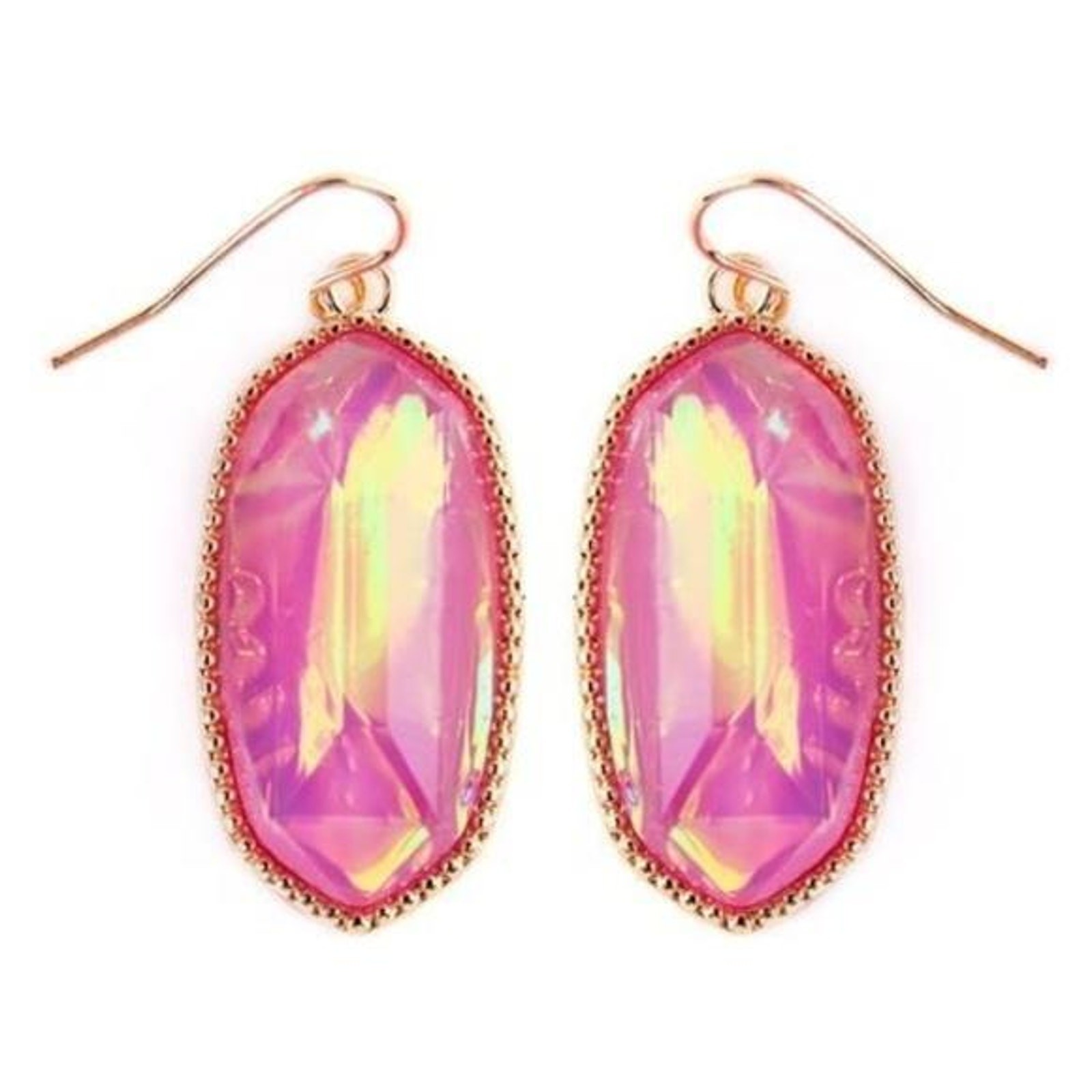 New Boutique Opal Hot Pink Stone Gold Trim Hexagon Dangle Drop Earrings