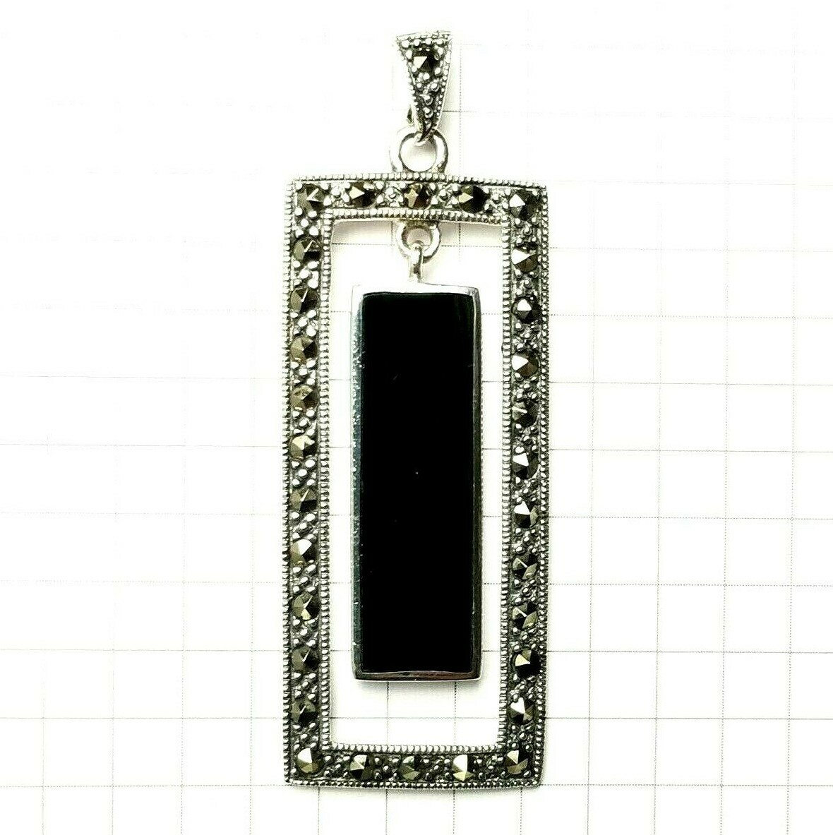 DANGLING ONYX STONE PENDANT Elongated Design & Marcasite .925 STERLING SILVER