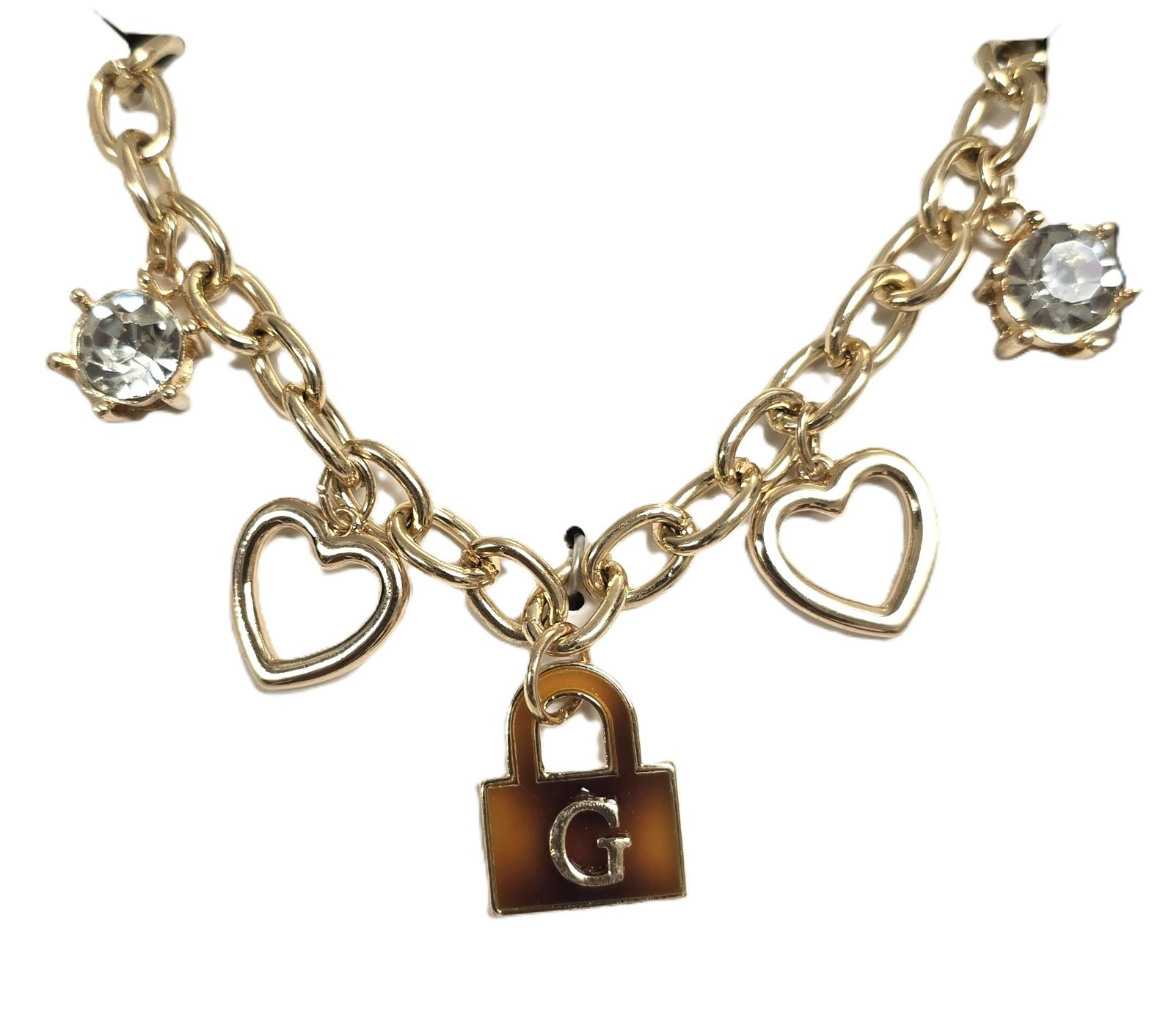 NEW GUESS GOLD TONE,HEART,RHINESTONE,TORTOISE PAD LOCK CHARM CHAIN NECKLACE +BOX
