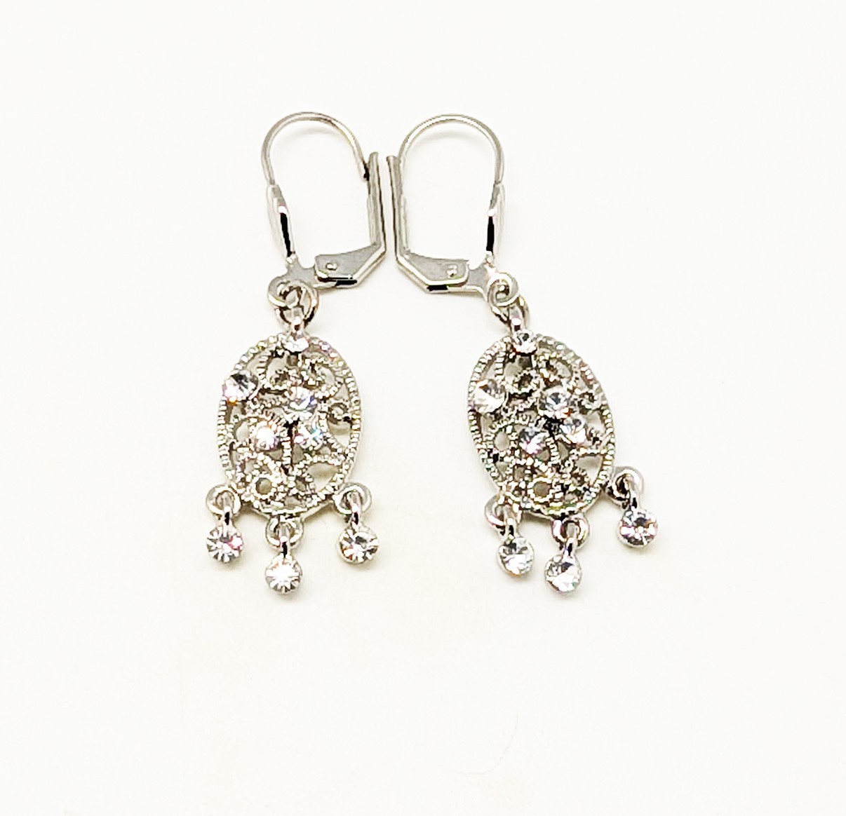 DESIGNER INSPIRED 2 in CLEAR CRYSTAL SILVER TONE FILIGREE LEVER BACK EARRINGS