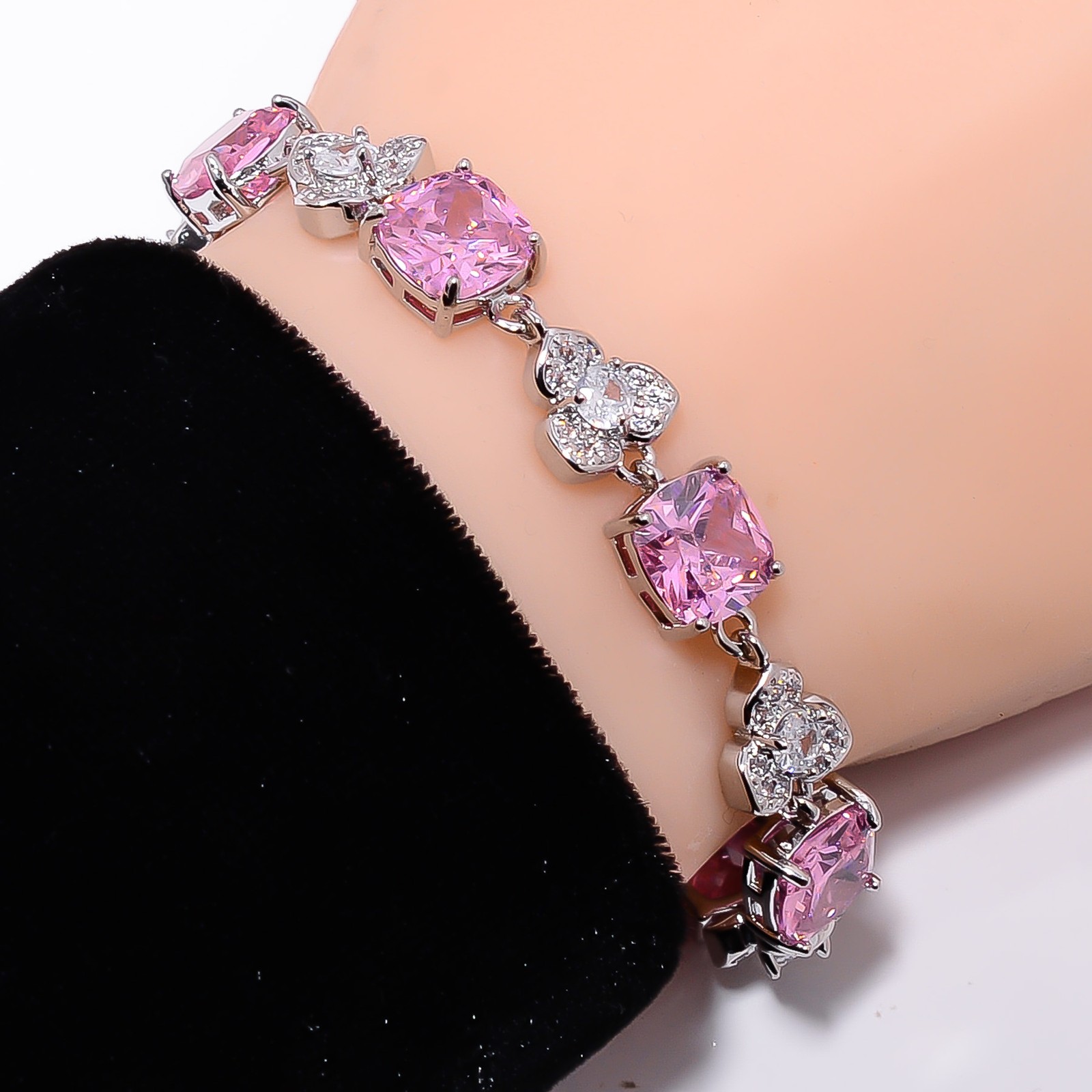 Pink Kunzite, CZ 925 Sterling Silver Adjustable Bracelet 7-8″ B14212