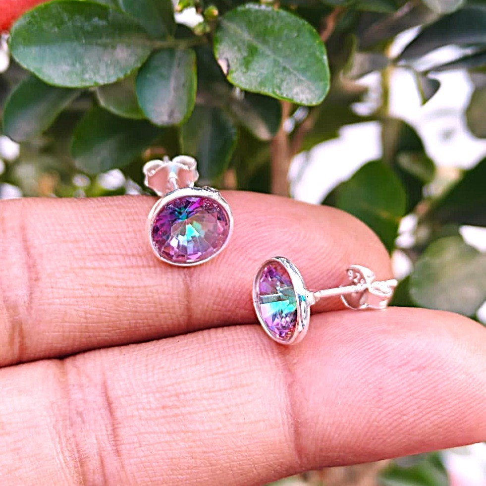 Natural Mystic Topaz Gemstone Stud Earrings, Sterling Silver, Handmade Jewelry