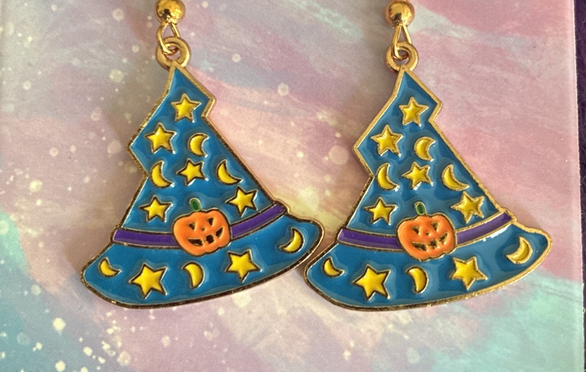 Blue & Yellow Witch Hat Earrings. Unique, Festive, Shiny, Halloween. Pumpkin