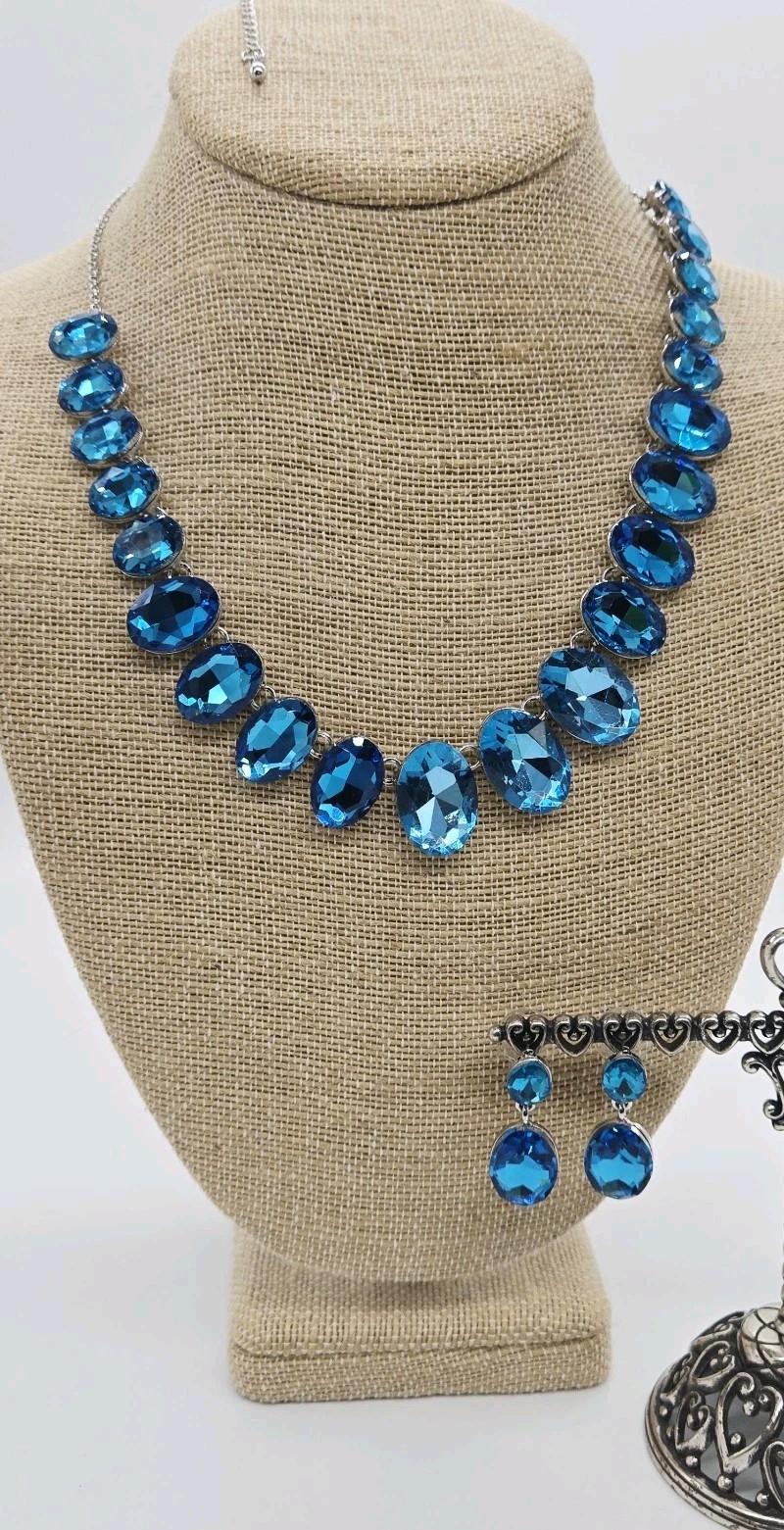 Kirks Folly Teardrop Treasures Necklace & Pierced Earrings Set Silver Blue