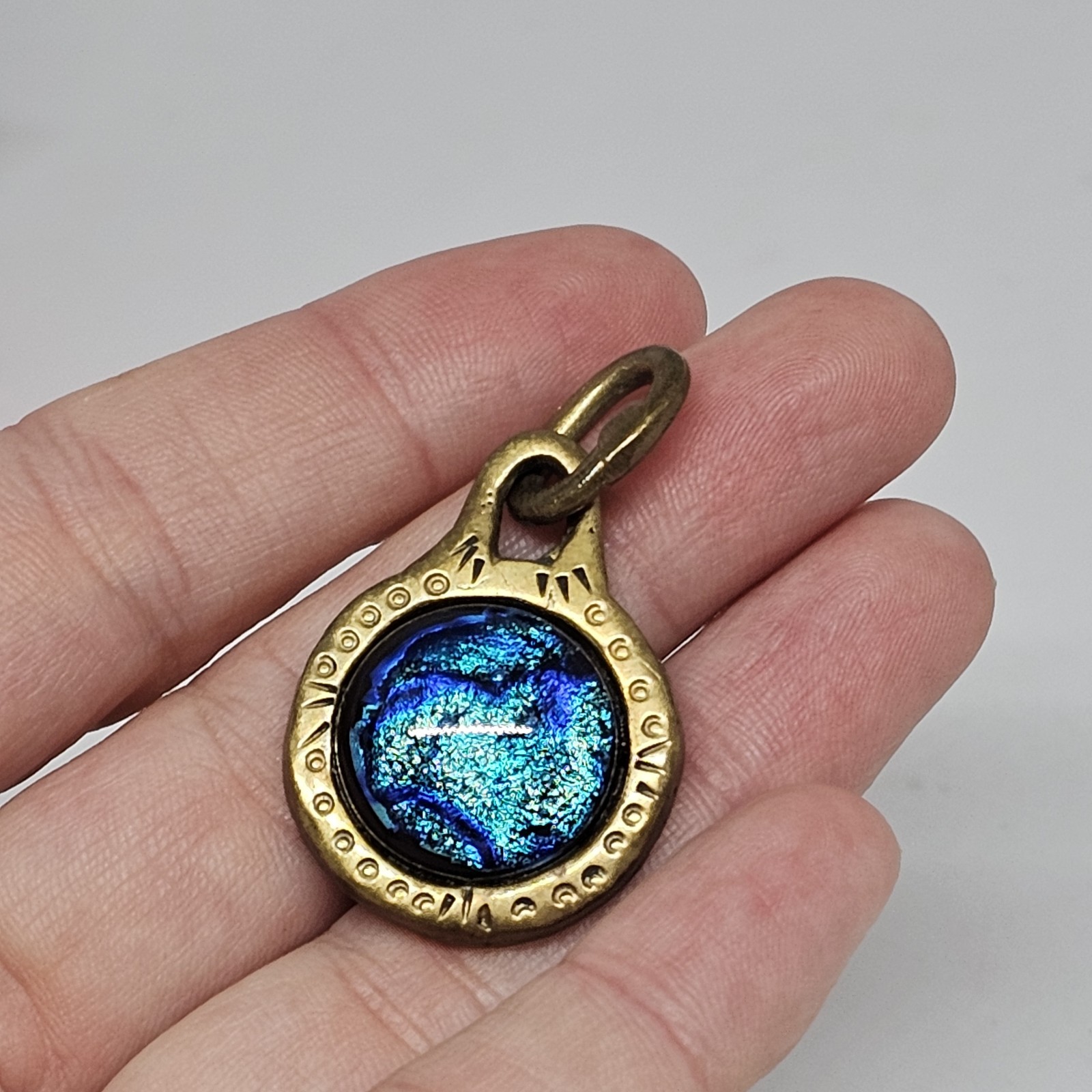 Dichroic Fused Glass Round Pendant Brass Blue Minimalist Statement Jewelry BJ