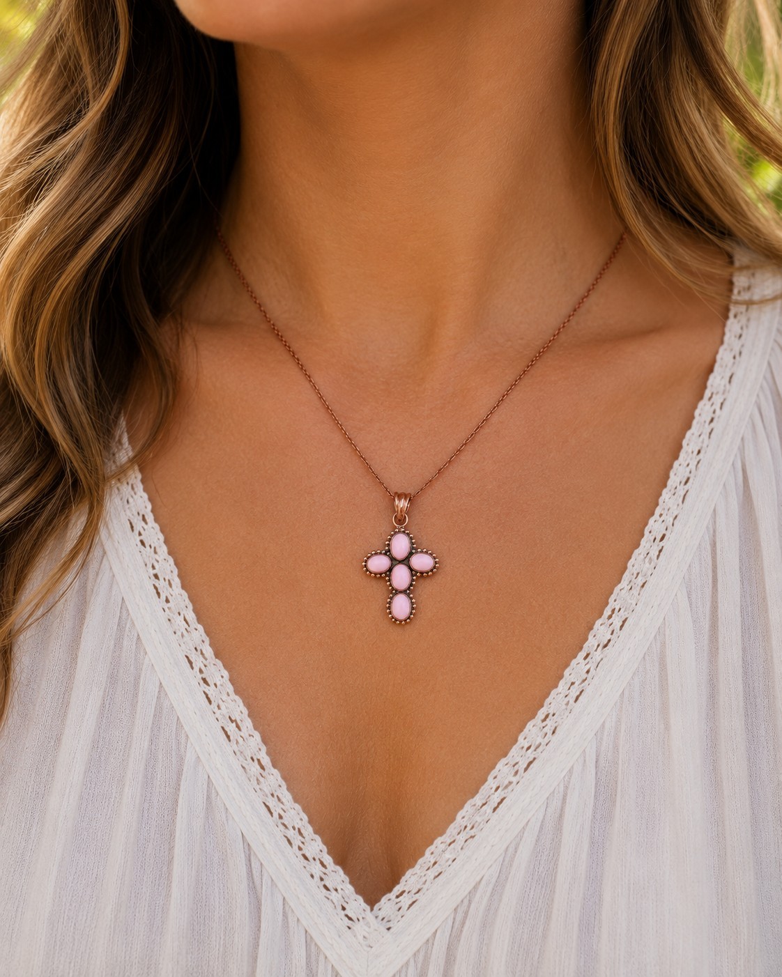 Pink Conch Shell & Copper Cross Pendant | Southwestern Boho Artisan Jewelry