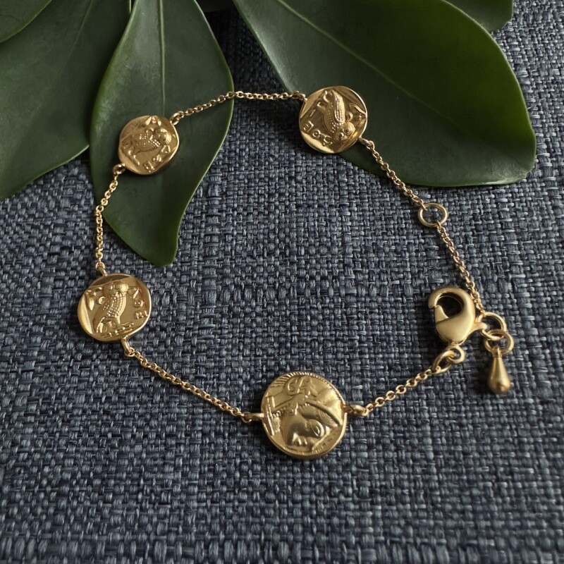 Retro matte gold mini coins Greek mythology Athena /owl portrait Bracelet