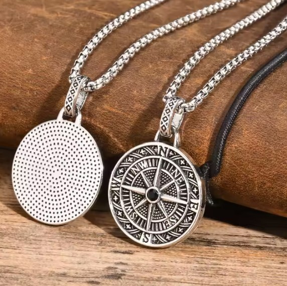 Alloy Compass Pendant with 24 inch round box stainless steel chain