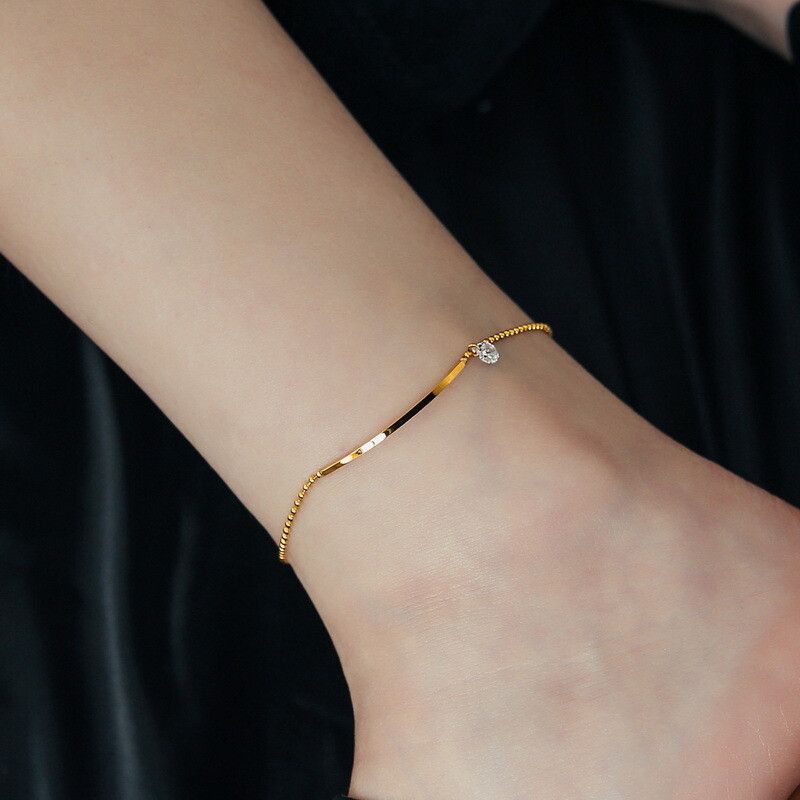 Woman 18K Gold Plated Stainless Steel CZ Charm Bead Chain Bangle Anklet 10 in
