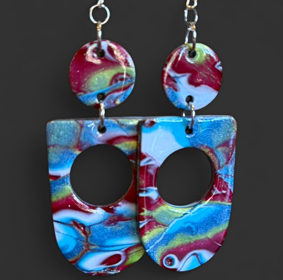 Gorgeous Marbled Earrings – Shimmery Blues, Green and Burgundy – Handcrafted