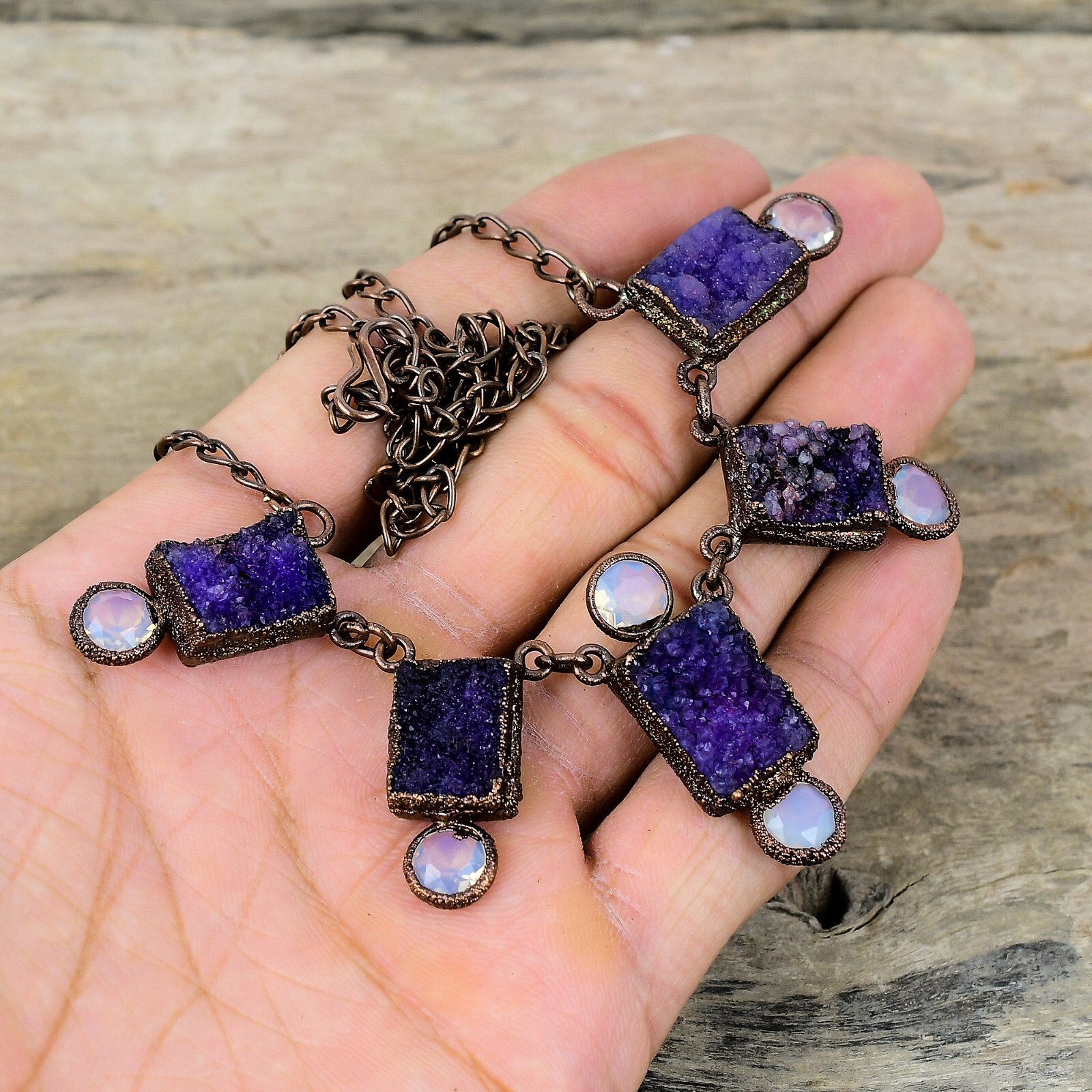 Purple Druzy Copper Friend Gift Electroformed Chain Adjustable Necklace 18.0″