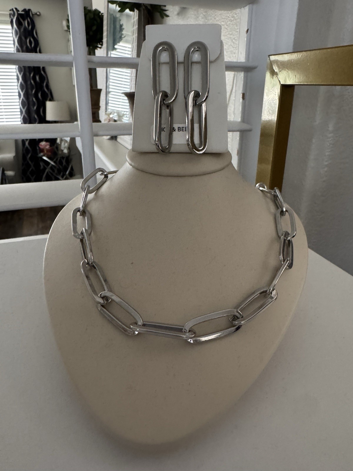 Nice & Bella Silver Paperclip Chain Necklace & Drop Earrings Jewelry Set
