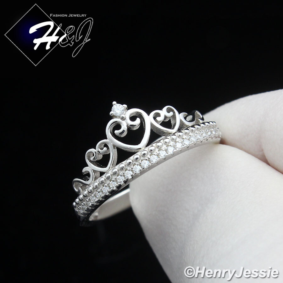 WOMEN SOLID 925 STERLING SILVER ICY BLING CZ HEART CROWN SHAPE RING*SR193