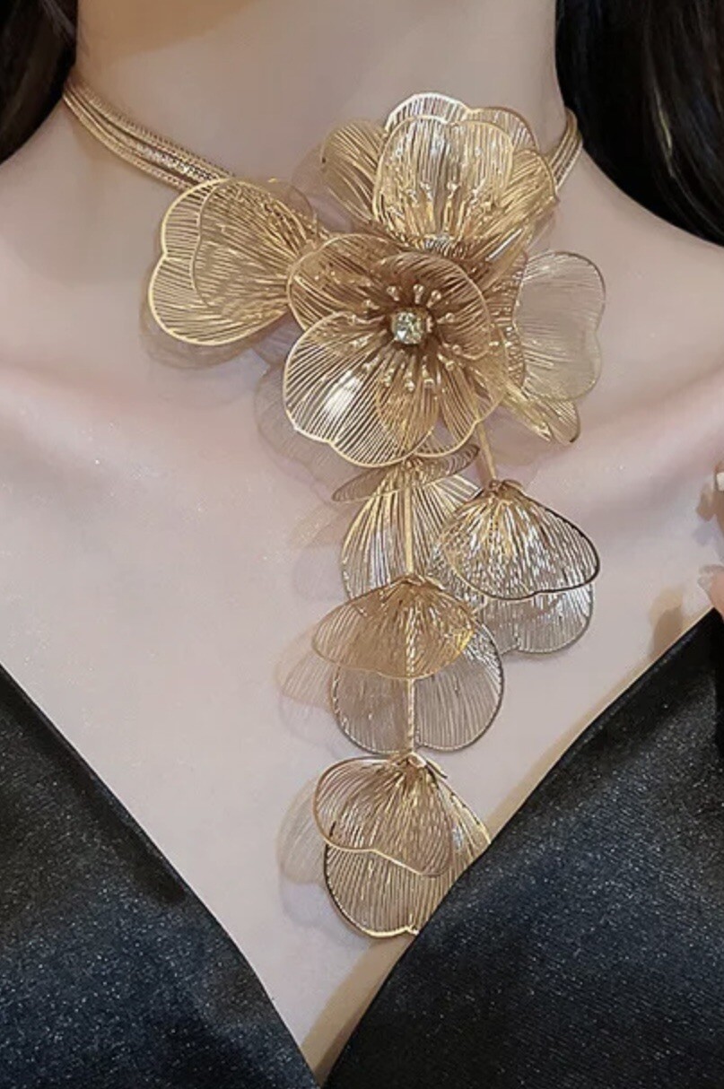 Zara Flower Necklace Cascade Gold Bafta Kate Middleton Statement Boho Petal CZ