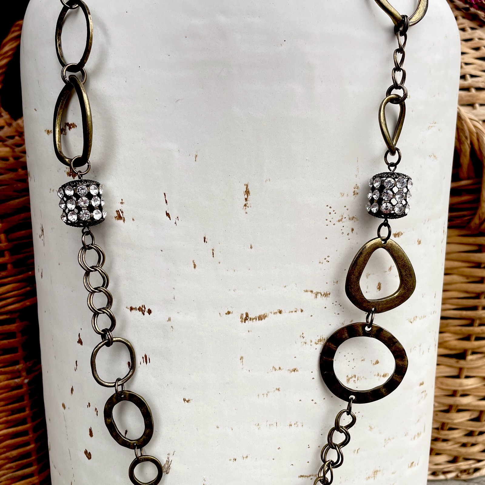 Lia Sophia IMPROV Mixed Metal Long Circle Link Chain Necklace Rhinestone 43″