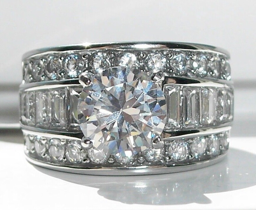 Round Brilliant Cut & Baguette Band Ring CZ Stainless Steel Women’s Sizes 5-10