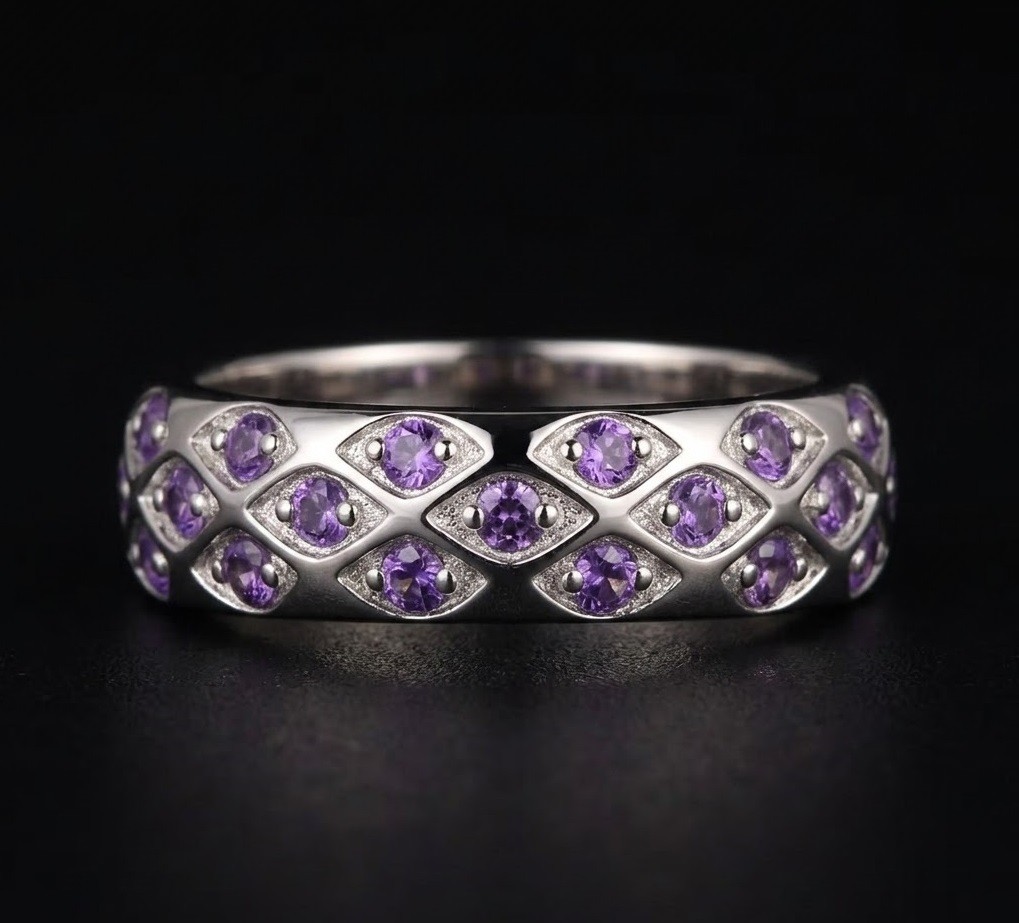 Amethyst Lattice Band Ring, 925 Sterling Silver Eternity Ring, Stackable Artisan