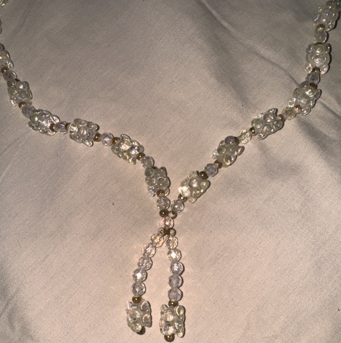 Clear AB Beaded Y Necklace Gold Tone Plastic Costume Jewelry 26” w/ 2” Drop