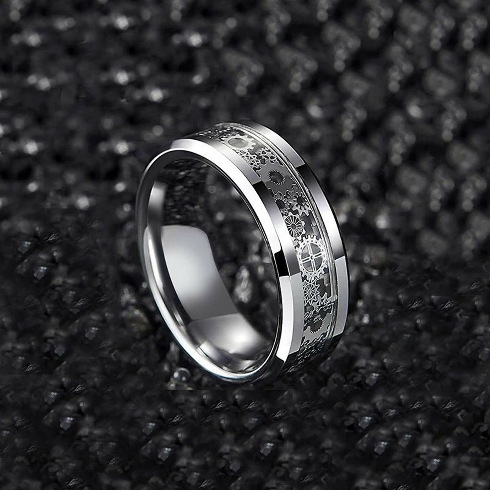 Mechanical Gear Ring Black Silver Stainless Steel Steampunk Wedding Band